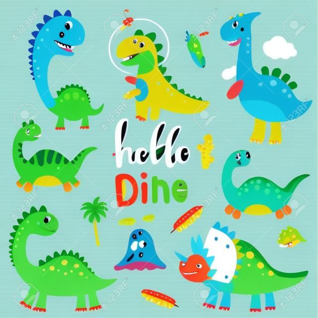 Set of cute dinosaurs for children print. Vector illustration