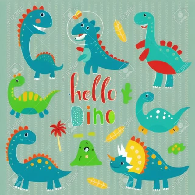 Set of cute dinosaurs for children print. Vector illustration