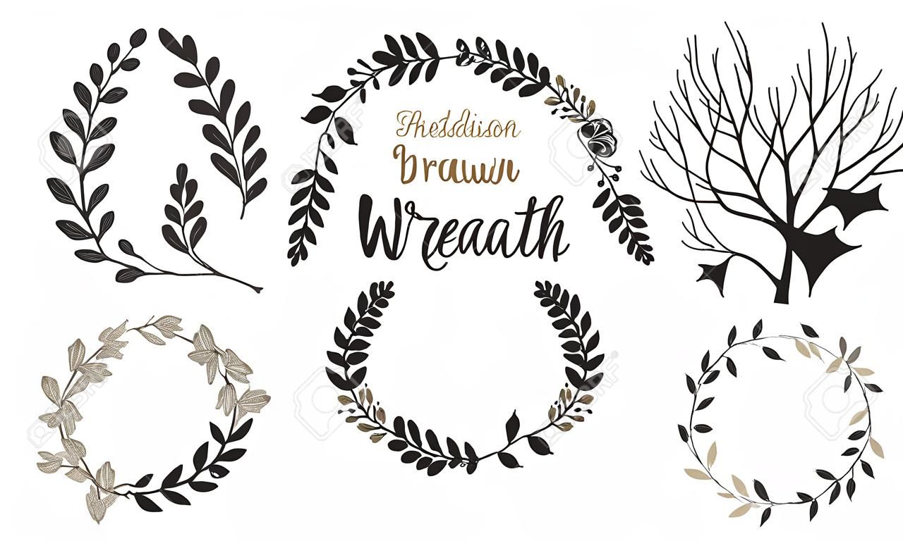 Set of hand drawn wreath and branches. Decorative elements for your design. Vector illustration