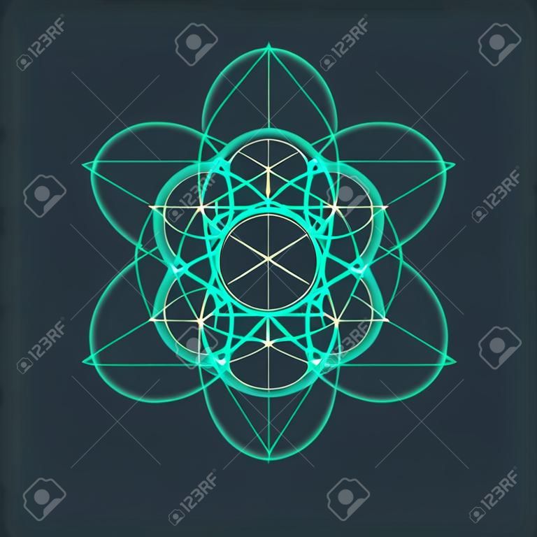 Sześcian Metatrona. Kwiat życia. Wektor Geometryczne symbolu samodzielnie. Święte figury geometrycznej nazwie Metatrons Cube. Święty Glyph.