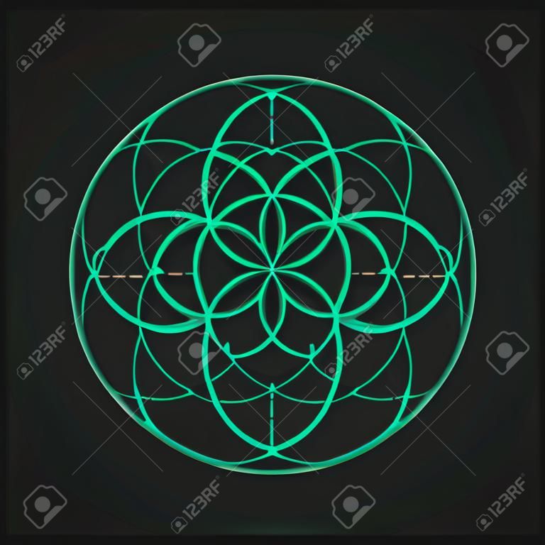 実物の看板の花。ベクトルは、生命の幾何学的なシンボル花を分離しました。サークルのシンボルの花。メタトロンのキューブ。神聖な幾何学的なグリフ - 生命の花。神聖な神聖なシンボルです。神聖な幾何学