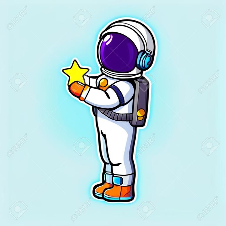 The astronaut is catching a bright star from the sky and so happy of illustration