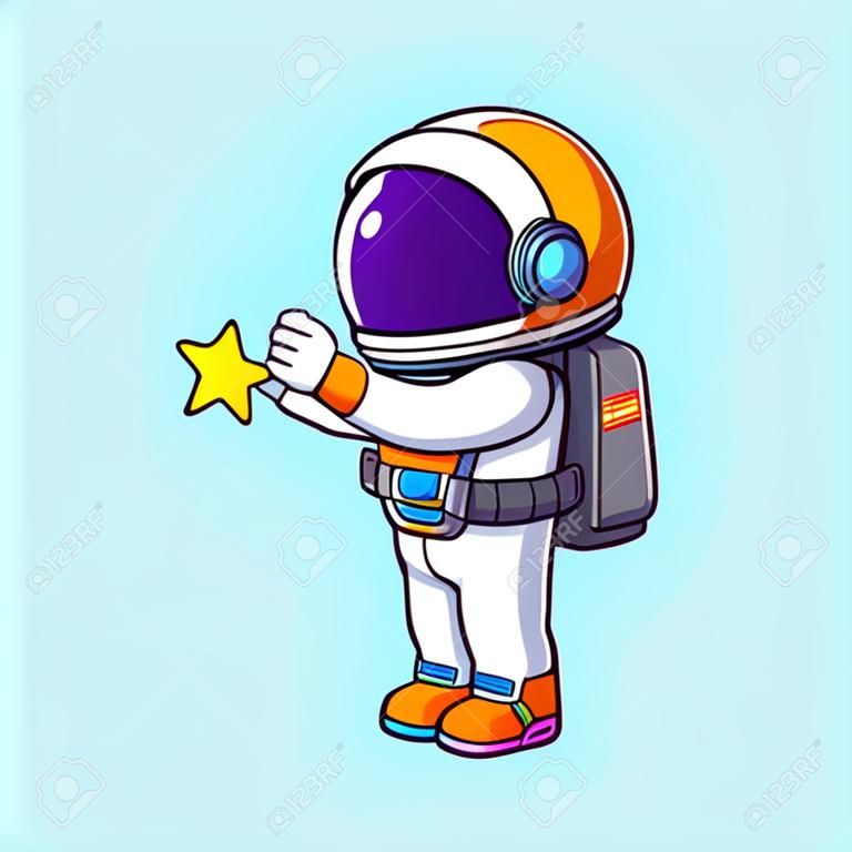 The astronaut is catching a bright star from the sky and so happy of illustration