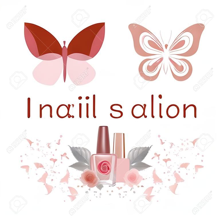 Set of logos for a nail salon, cute butterfly drawings, nail polish jars, butterfly wings, flowers, varnish spray. Pleasant pink, for use in the design of the site, business cards