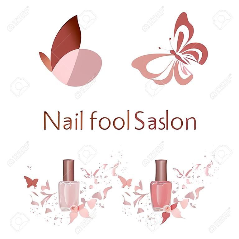 ネイルサロン、かわいい蝶の図面、マニキュアの瓶、蝶の羽、花、ニススプレーのためのロゴのセット。快適なピンク、サイトのデザインに使用するために、名刺