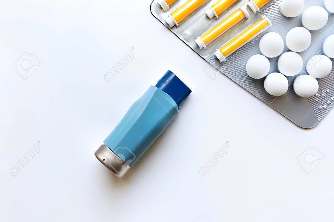 concept asthma and treatment on white background top view.