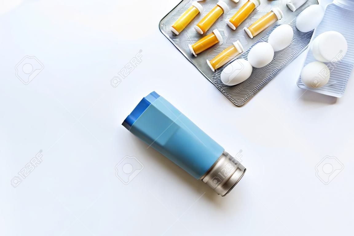 concept asthma and treatment on white background top view.
