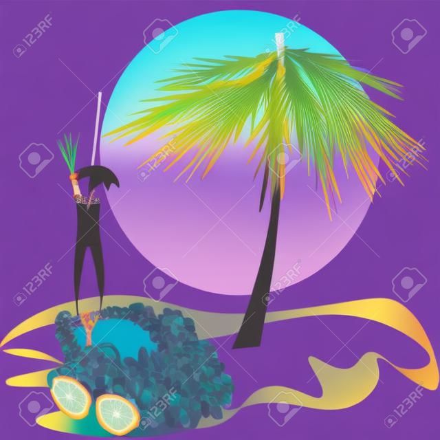 Tekenvakantie op het eiland Tekenvakantie op het eiland met een cocktail in het midden van het water, een palm krans van kleurrijke bloemen op een paarse achtergrond