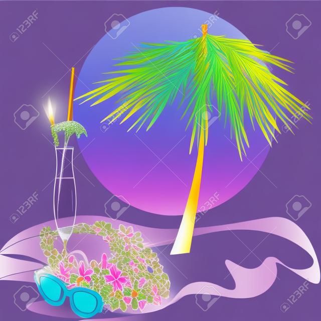 Tekenvakantie op het eiland Tekenvakantie op het eiland met een cocktail in het midden van het water, een palm krans van kleurrijke bloemen op een paarse achtergrond
