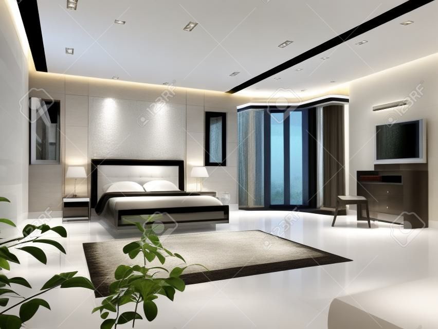 Interior Design der große moderne Schlafzimmer in künstlicher Beleuchtung