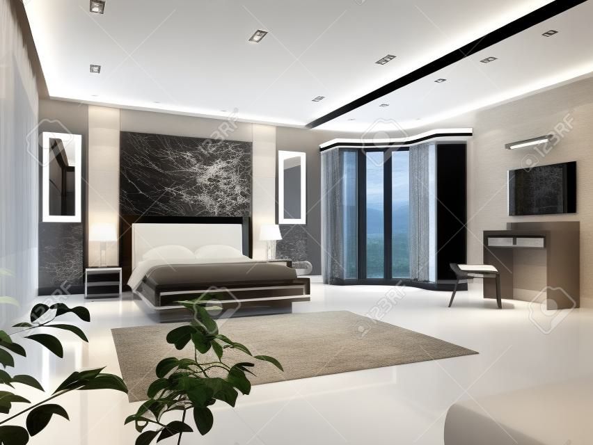 Interior design of big modern Bedroom in artificial lighting