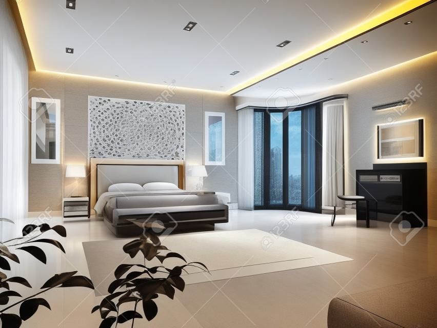 Interior Design der große moderne Schlafzimmer in künstlicher Beleuchtung