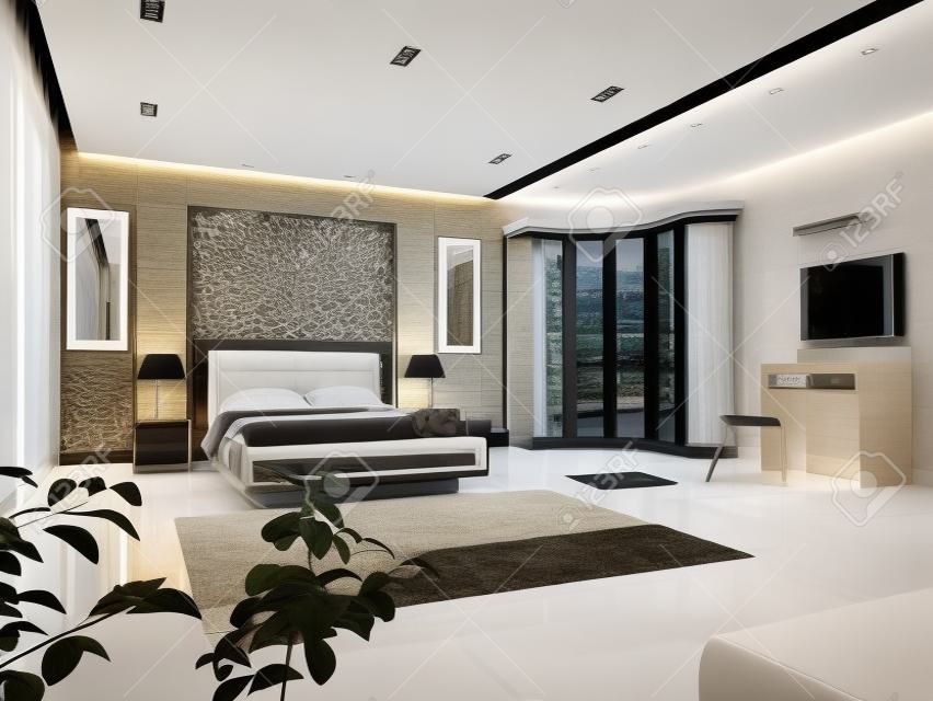 Interior design of big modern Bedroom in artificial lighting