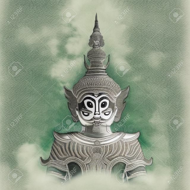 Estátua da guarda gigante Ilustração da Tailândia. Desenho de linha de estátua gigante