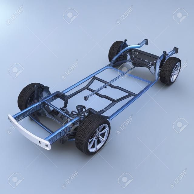 Render del chasis del coche sin motor aislado en el fondo blanco. ilustración 3D