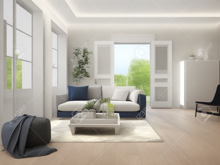Sofa von Gewebe in einem modernen Wohnzimmer. 3D-Rendering