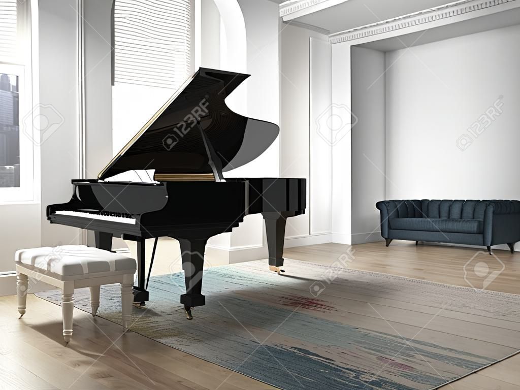 ein schwarzes Klavier in einem modernen Wohnzimmer. 3D-Rendering