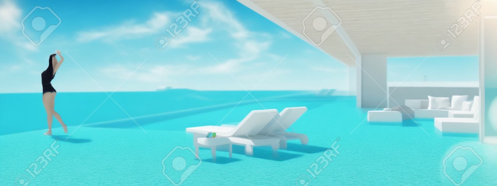 Mujer joven tomando el sol en la piscina sin fin. edit.3d color de renderizado
