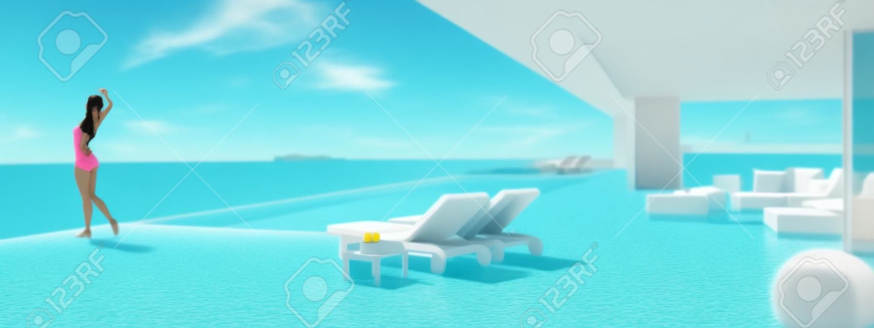 Young woman enjoying the sun at the endless pool. color edit.3d rendering