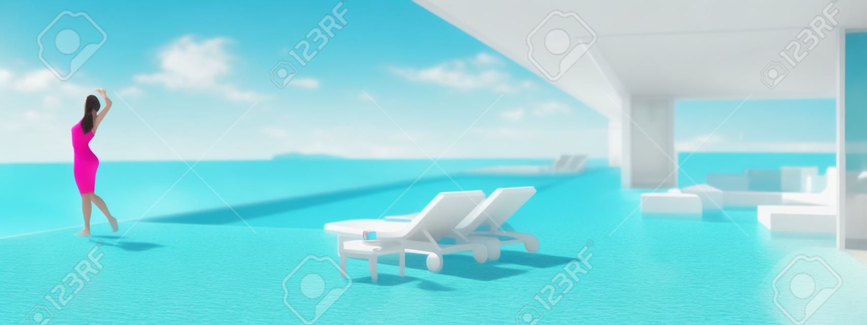 Mujer joven tomando el sol en la piscina sin fin. edit.3d color de renderizado
