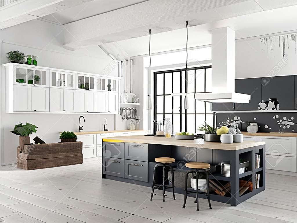 moderne nordische Küche in Loft-Wohnung. 3D-Rendering