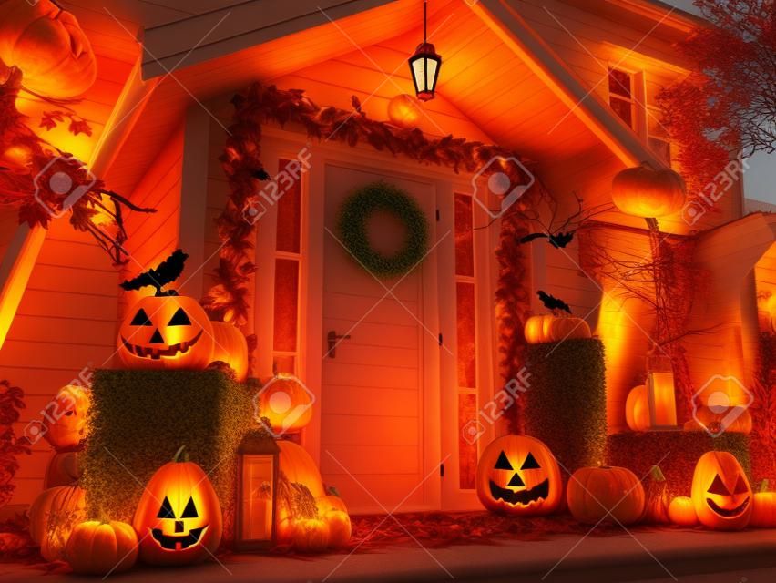 Хэллоуин украшенный дом с тыквами. 3D-рендеринг