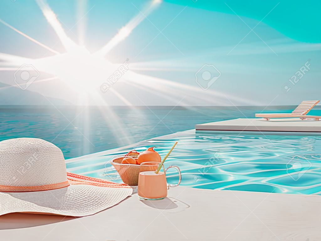 Ilustración 3D. piscina infinita de lujo moderna con accesorios de verano
