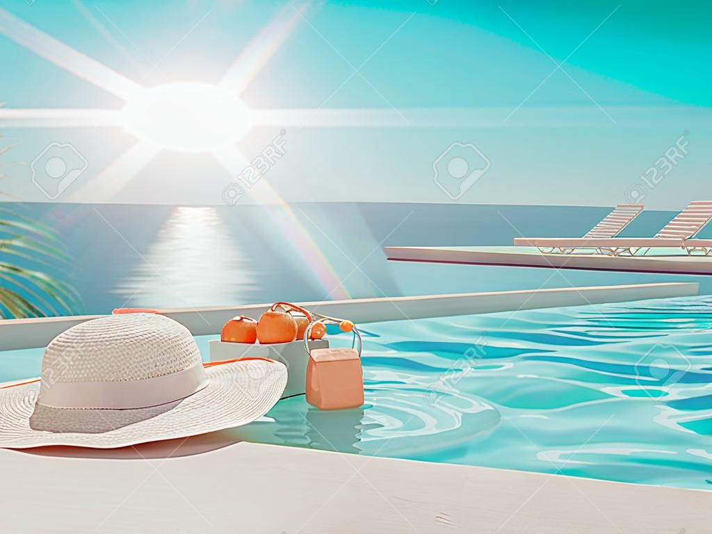 Ilustración 3D. piscina infinita de lujo moderna con accesorios de verano