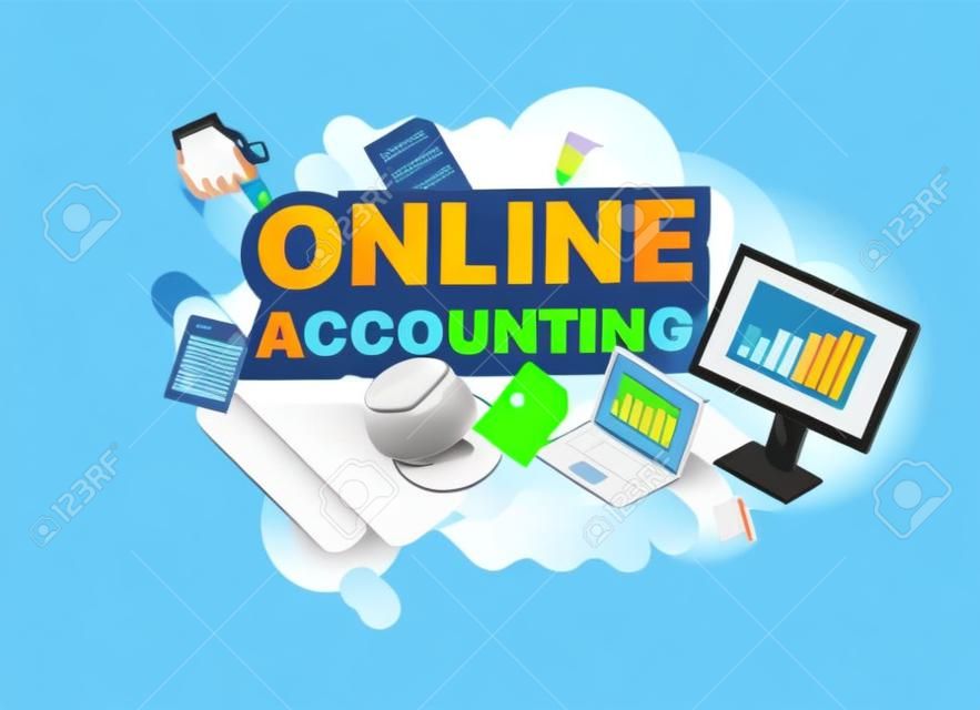 Modern banner of online accounting. Vector illustration of a business poster with different 3d isometric items of online accounting. Monitor. Laptop. Documents. Marker. Bank card. Diagram. Graph