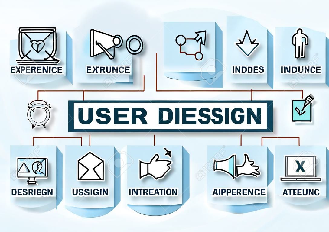 Diseño de experiencia de usuario de banner: el diseño de UX incluye elementos de diseño de interacción, arquitectura de información, investigación de usuarios. Ilustración de vector con iconos y palabras clave. Para diseño web, presentación.