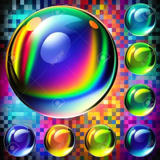 Set of multicolored transparent soap bubbles on a plaid background