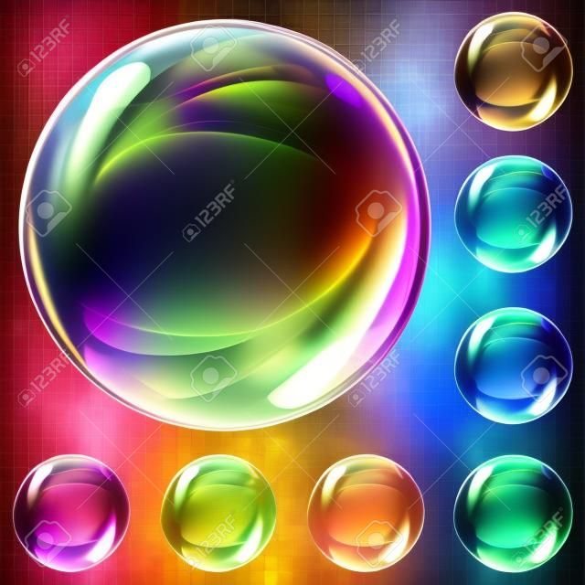 Set of multicolored transparent soap bubbles on a plaid background