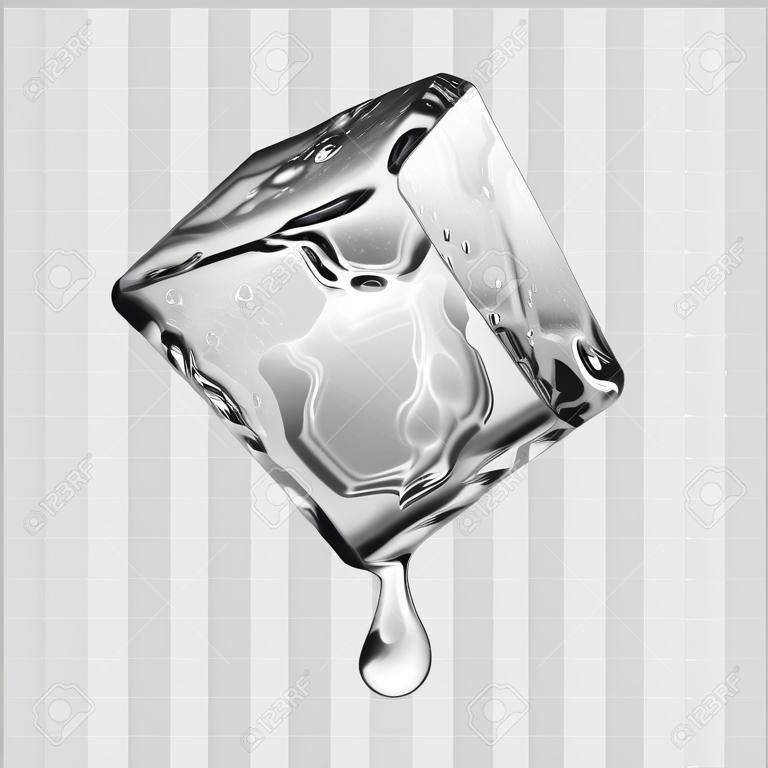 Transparent ice cube with water drops in gray colors