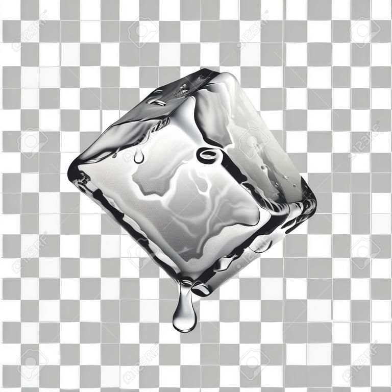 Cubo de hielo transparente con gotas de agua en colores gris