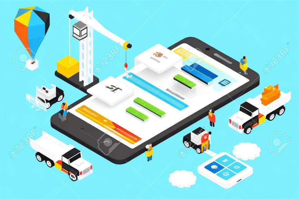 Flat 3d isometric mobile design web infographic concept vector. Crane people creating interface on phone tablet.