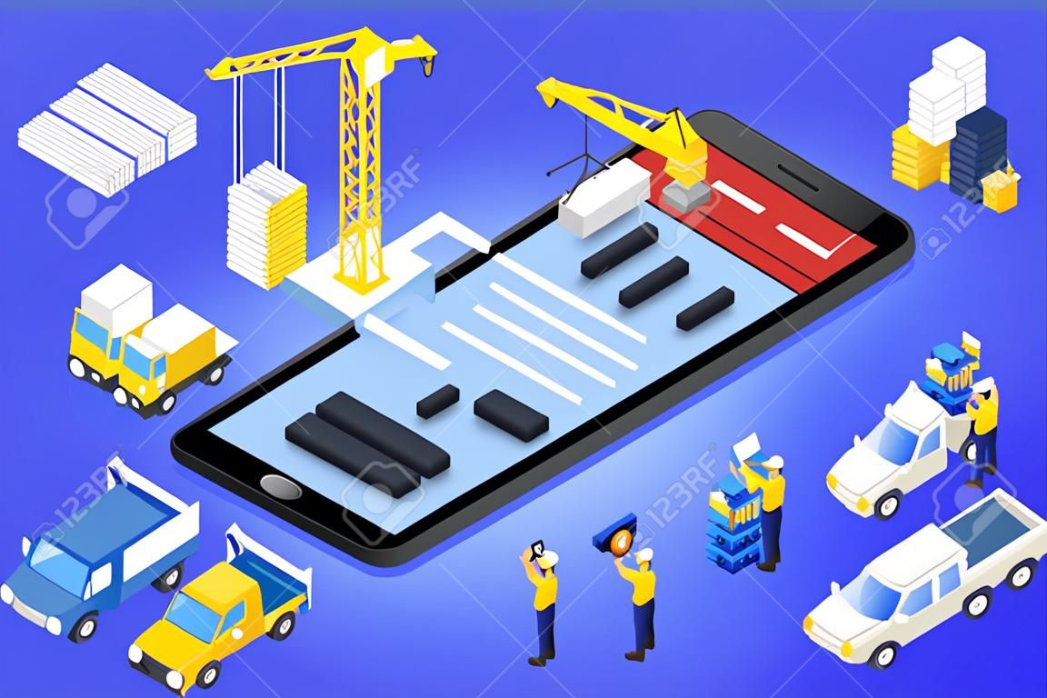 Flat 3d isometric mobile design web infographic concept vector. Crane people creating interface on phone tablet.