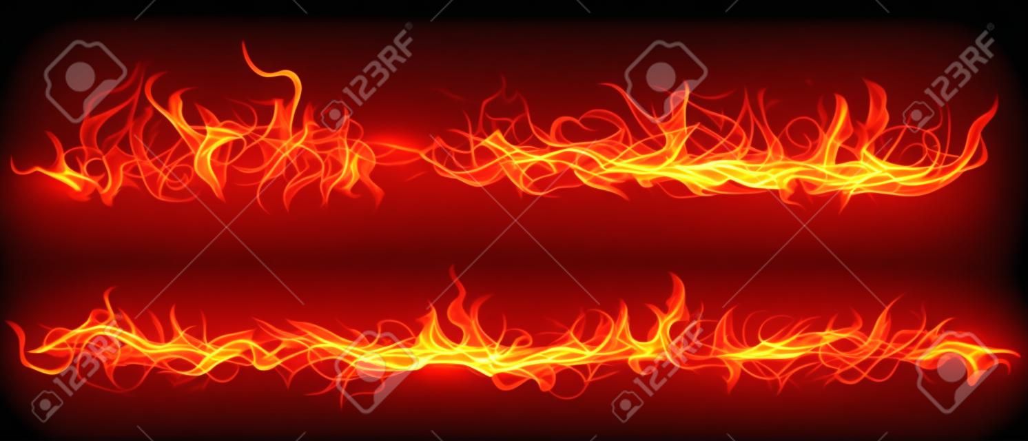 Set of horizontal long fire flame on transparent background. For used on dark backgrounds. Transparency only in vector format