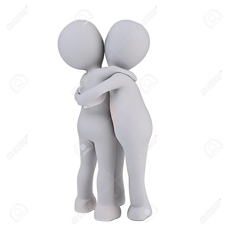 Two faceless cartoon 3D men having handshake with hugging each other, isolated on white background