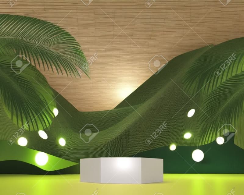 Vitrine abstraite de podium de plate-forme en bois pour l'affichage de produit avec des feuilles de palmier rendu 3d
