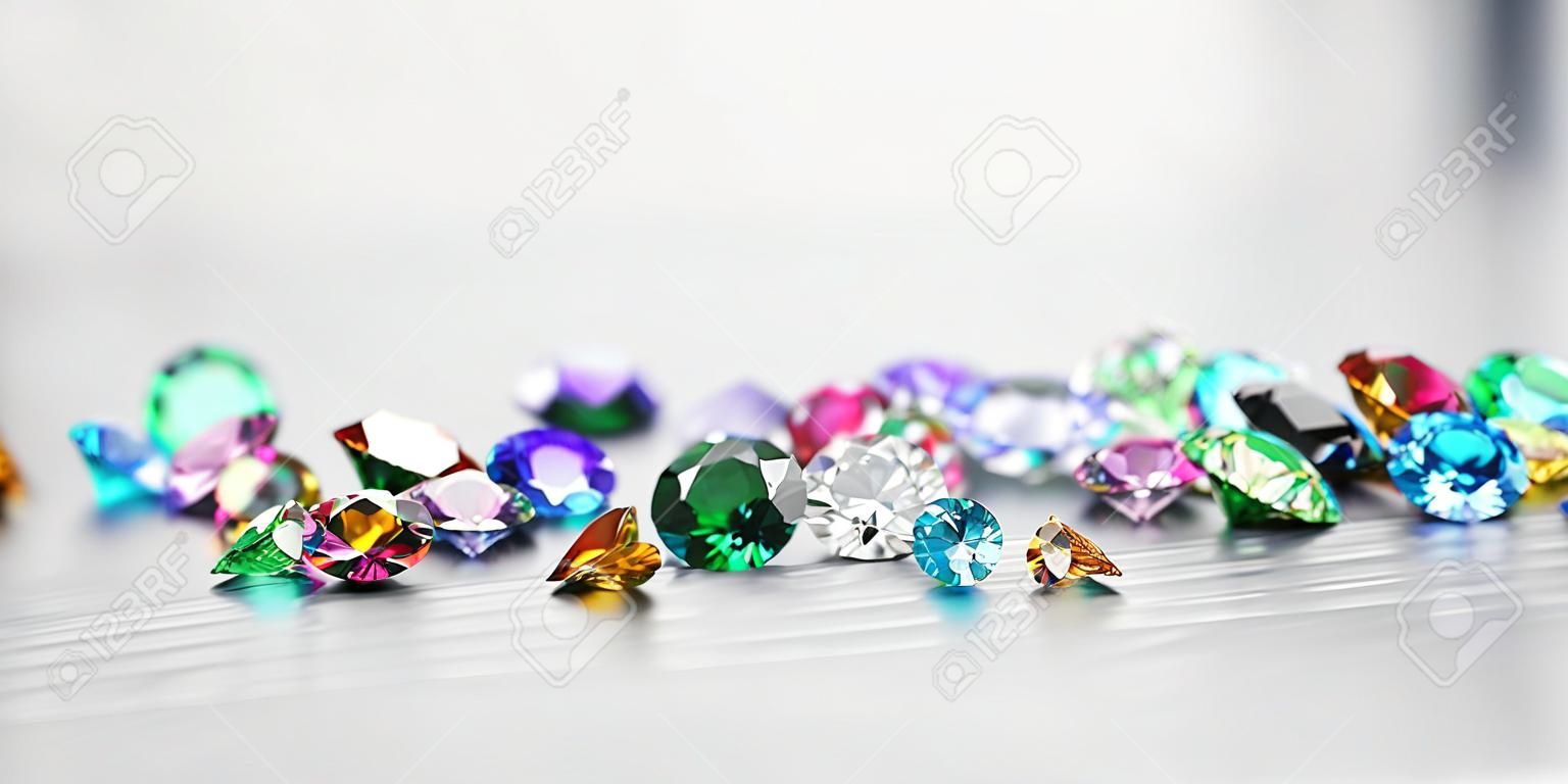 Colorful Gemstones diamond placed on glossy background 3d rendering