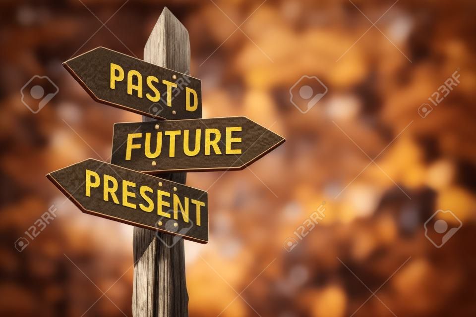 Wooden signpost - past, future, present