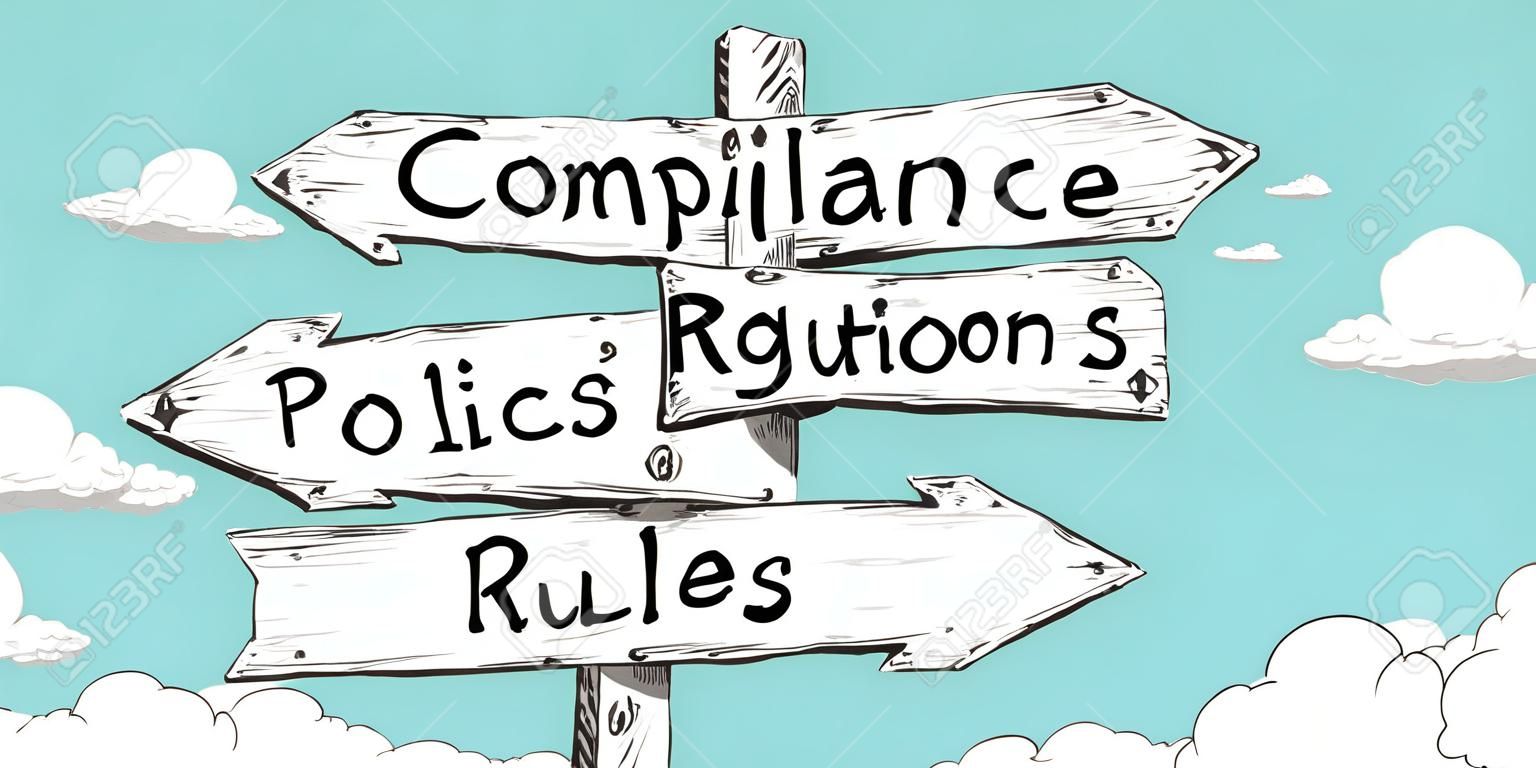 Compliance, standards, regulations, policies, rules - outline signpost with five arrows