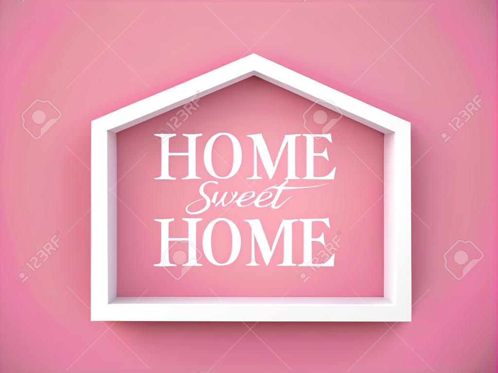White frame in shape of house on pink background with inscription Home Sweet Home