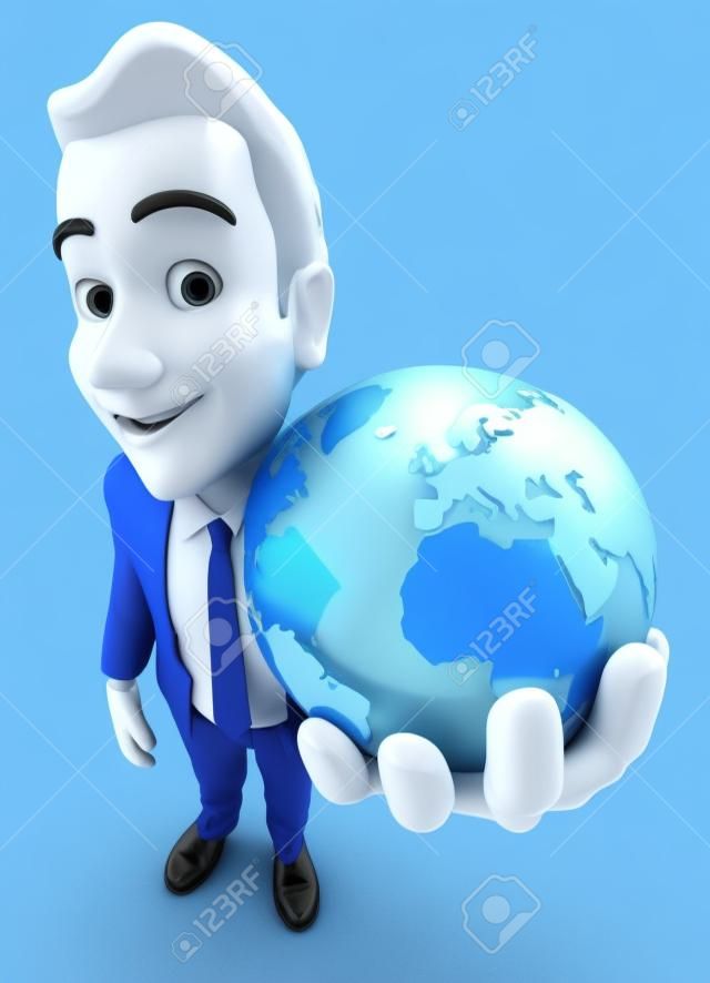 3d businessman holds blue earth, isolated white background