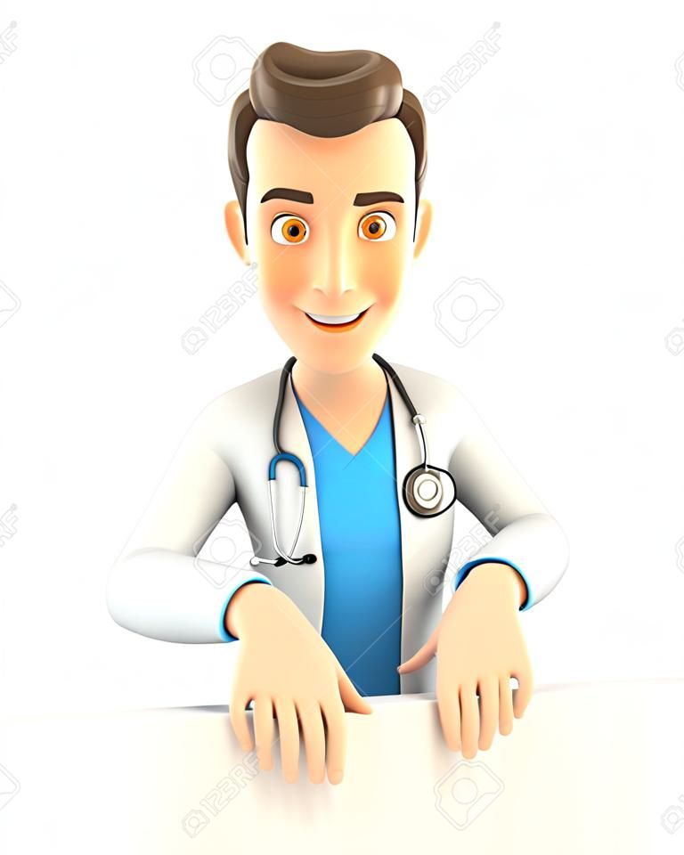 3d doctor pointing to empty wall, illustration with isolated white background