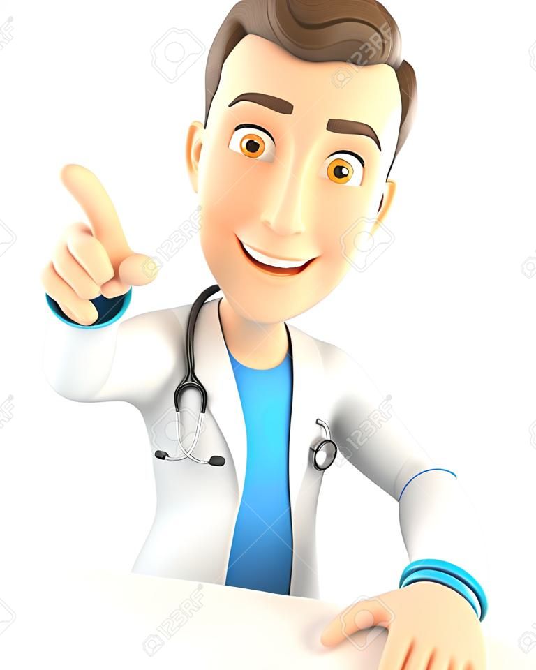 3d doctor pointing to empty wall, illustration with isolated white background