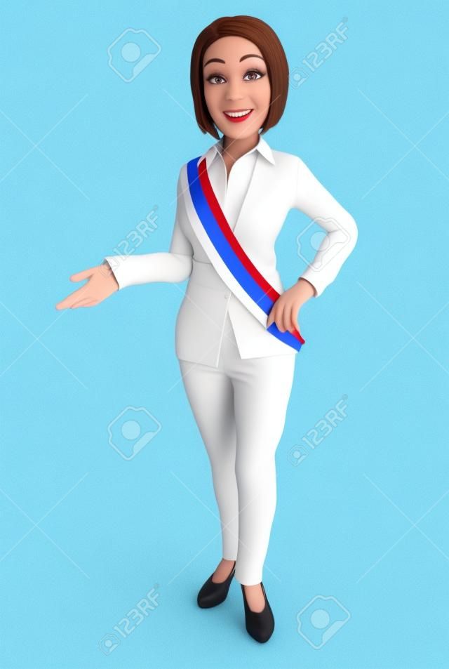 3d biznesowa kobieta nosząca francuską szarfę burmistrza, ilustracja z odosobnionym białym tłem