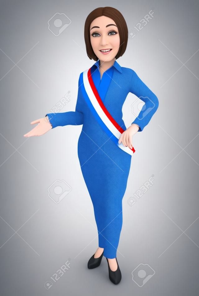 3d biznesowa kobieta nosząca francuską szarfę burmistrza, ilustracja z odosobnionym białym tłem