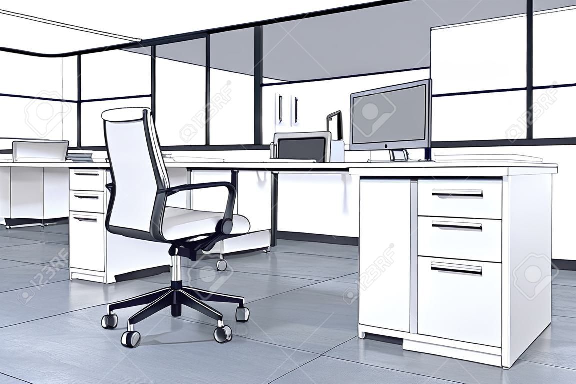 一個辦公空間的線性圖說明的安排和現代化的辦公內部裝飾，舒適的商務空間和敬業精神