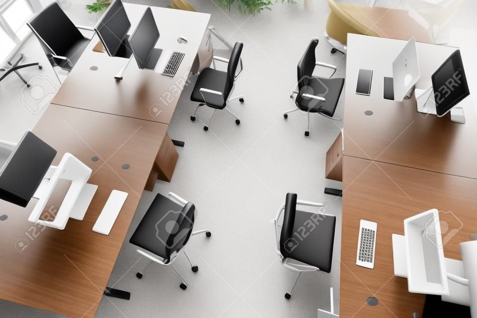 頂級鏡頭的辦公室工作區安排 - 白色書桌和扶手椅說明了安排和現代化的辦公室內的裝修，舒適的商務空間和敬業精神